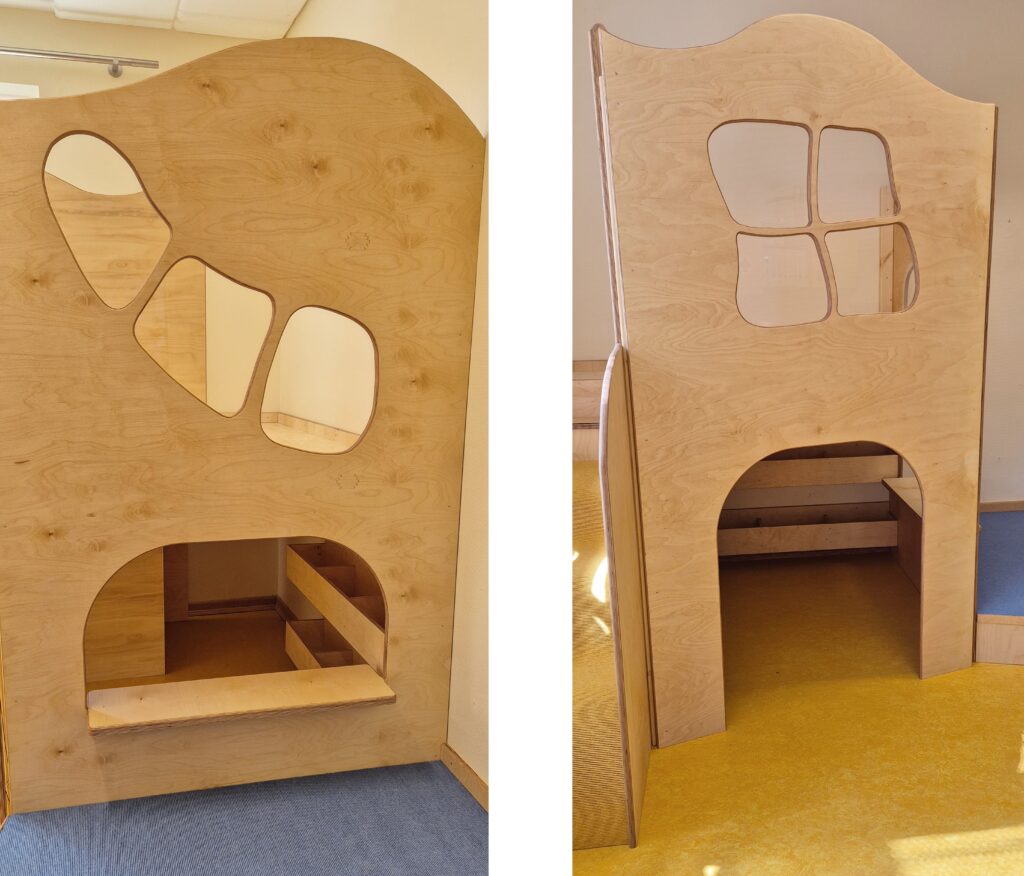 Durchreiche und organisch gestaltete Fenster an einem Podest